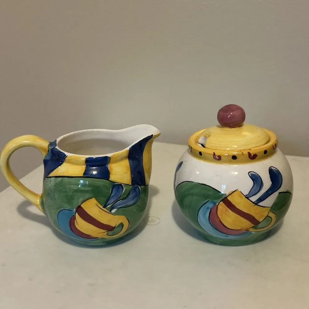 Vintage Hand Painted Creamer & Lidded Sugar Bowl Set Mediterranean Tuscan